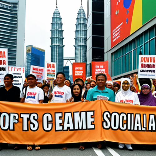 **Image Prompt:** A diverse group of Malaysians participating in a peaceful demonstration holding banners advocating for social justice, with Kuala Lumpur city skyline in the background, vibrant colors, street photography style.