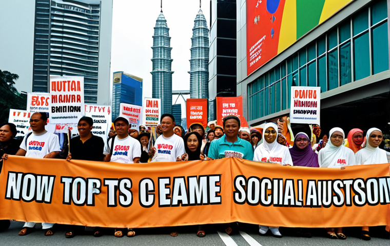 **Image Prompt:** A diverse group of Malaysians participating in a peaceful demonstration holding banners advocating for social justice, with Kuala Lumpur city skyline in the background, vibrant colors, street photography style.